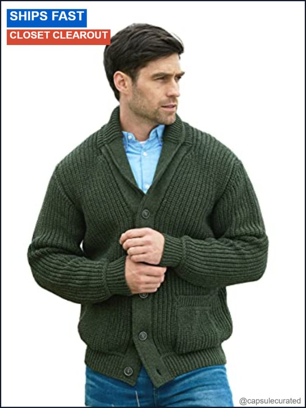 Men's Irish Cable Knitted Ribbed Shawl Cardigan 100% Merino Wool Button